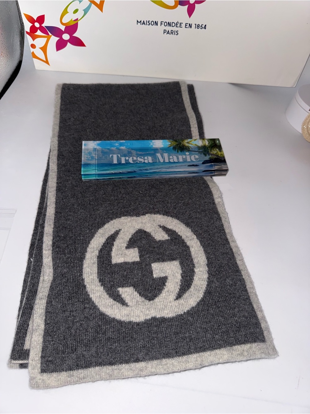 Gucci Gray and Black Monogram Logo Scarf